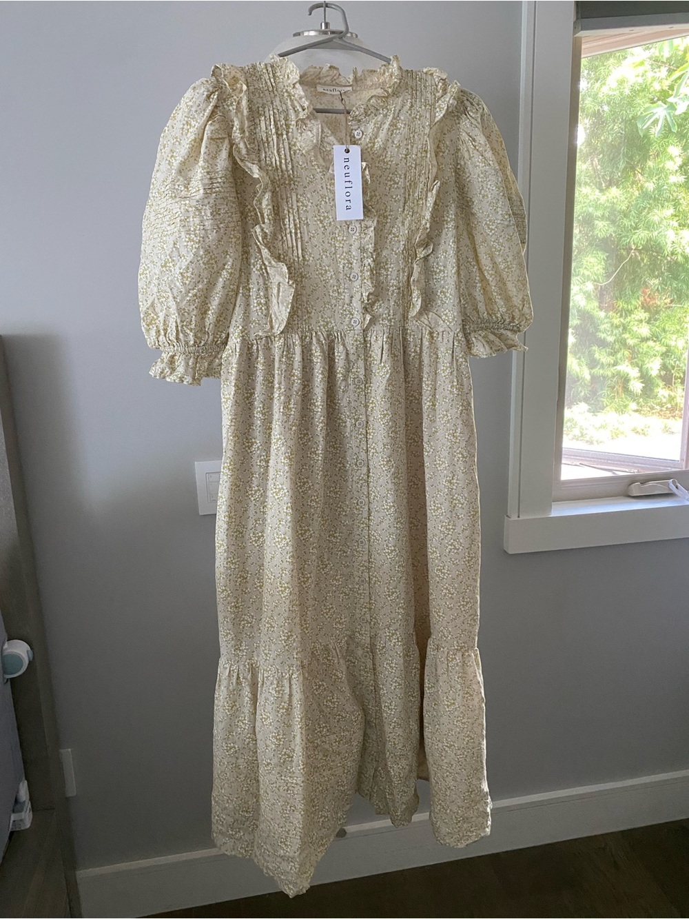Neuflora Cream Floral Midi Dress with Ruffle Details